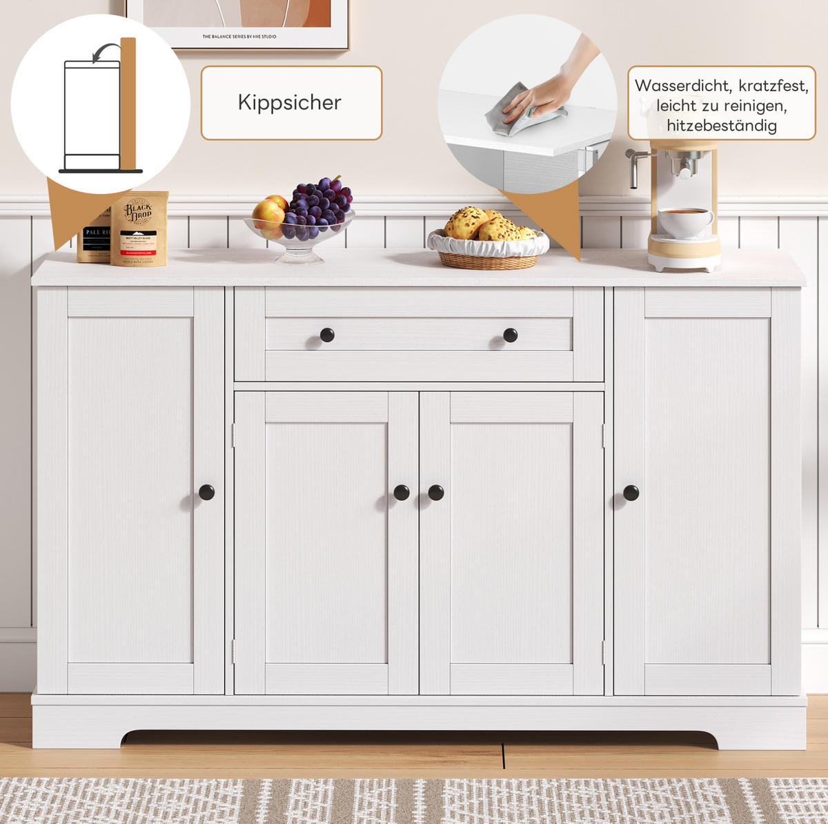 SIDEBOARD aus MDF 138x40x85 cm Weiß mit Schublade, verstellbaren Einlegeböden und Kippsicherung - Weiß, Holzwerkstoff (138/85/40cm) - Modfu