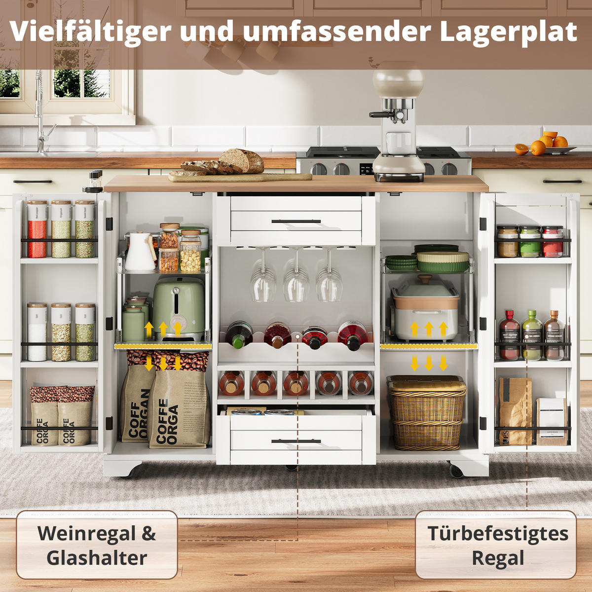 KÜCHENINSEL 138x70x92cm Weiß mit Ausziehplatte, Weinregal, Schubladen & Rollen - Weiß, Holzwerkstoff (138/92/70cm) - Modfu