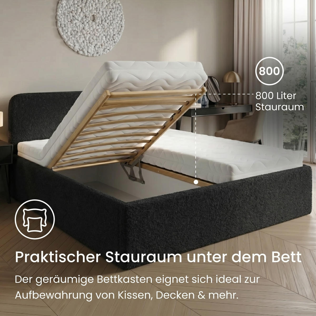 POLSTERBETT 180x200 cm Bonnell-Matratze H2 Bouclé Schwarz - Schwarz, Textil (180/200cm) - Home Collective