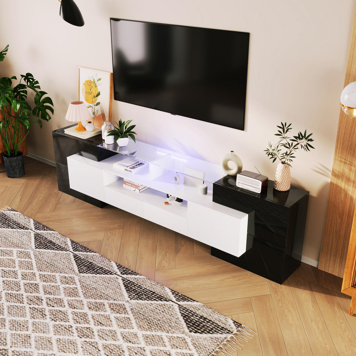 TV-ELEMENT mit LED 200 cm Schwarz/Weiß - Schwarz, Holzwerkstoff (30/60/200cm) - Beauniv