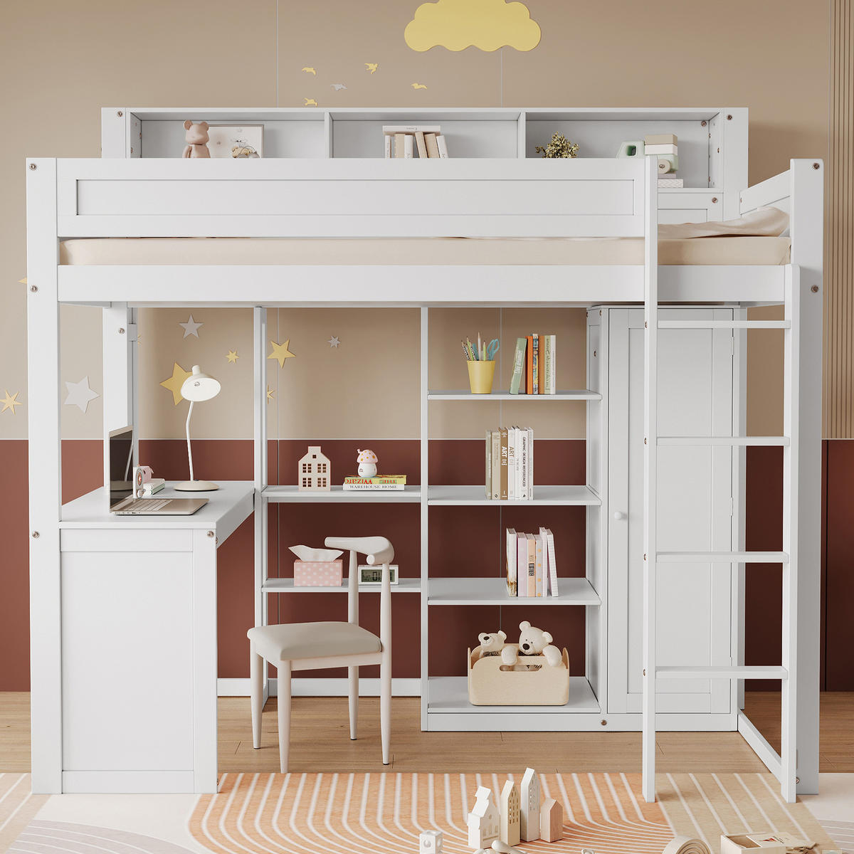 ETAGENBETT mit Tisch und Kleiderschrank, Weiß, 90/200 cm - Weiß, Holz (90/200cm) - MIVRAY