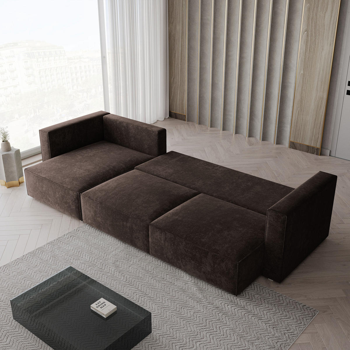ECKSOFA TOLMO LM Braun Chenille mit Schlaffunktion - Braun, Holzwerkstoff/Textil (347/148cm) - MASSENO