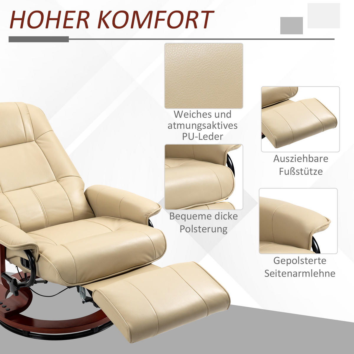 RELAXSESSEL Fernsehsessel mit Liegefunktion, Fußstütze für Wohnzimmer Creme - Creme/Braun, Leder/Holz (87/100/78cm) - HOMCOM
