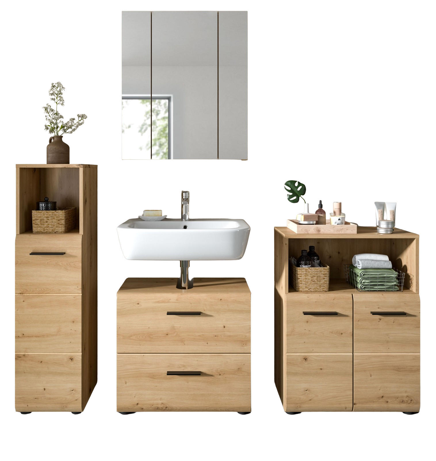 BADMÖBEL-SET 4-teilig in Artisan Eiche, Badkombination 180 x 185 cm, Cover - Schwarz/Eiche Artisan, Glas/Holzwerkstoff (180/185/30cm) - Inn.Furn