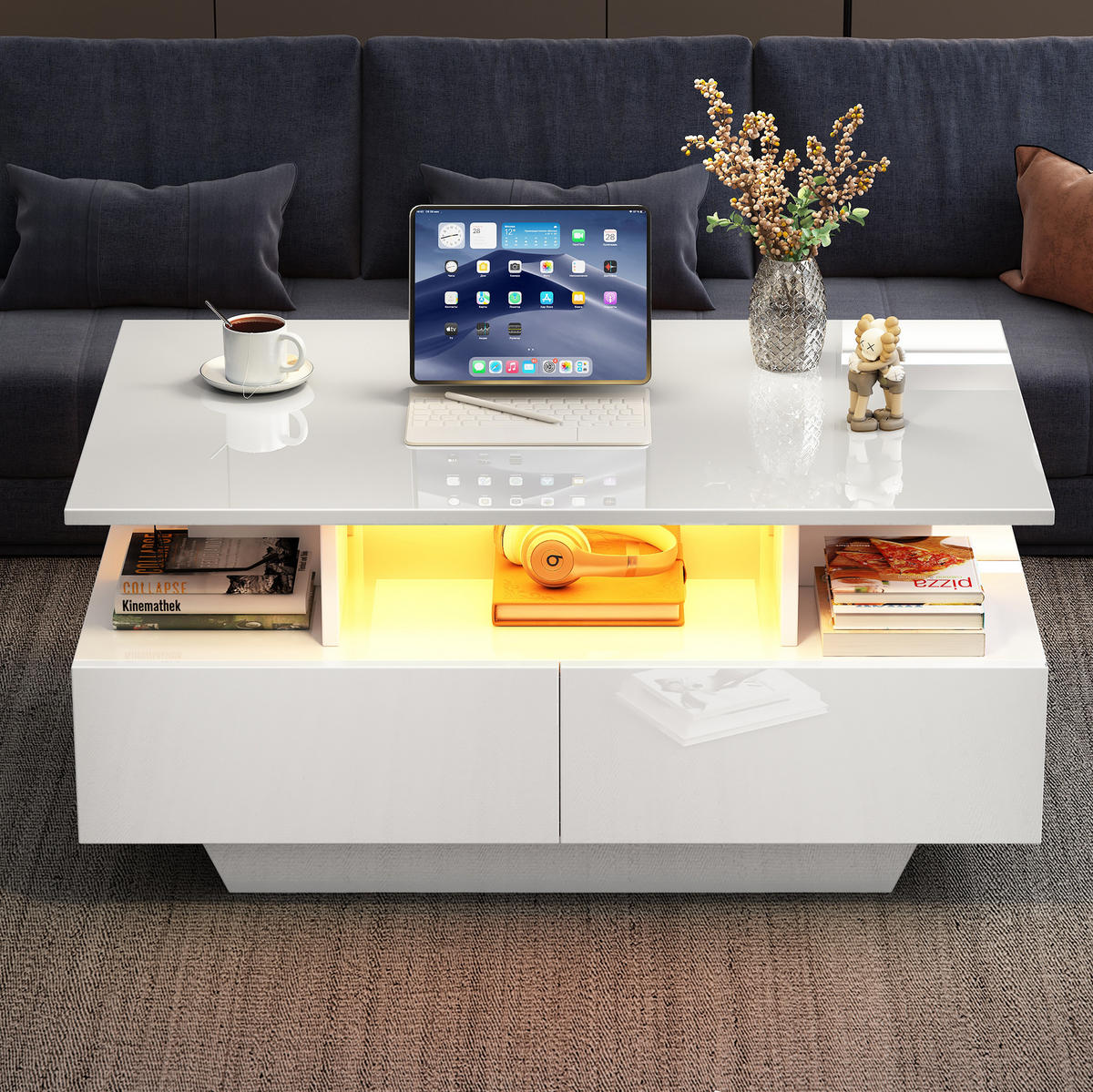 COUCHTISCH 90/55/41 cm weiß aus Spanplatte mit LED-Beleuchtung und 2 Schubladen - Weiß, Holzwerkstoff (90/55/41cm) - OKMYHOME