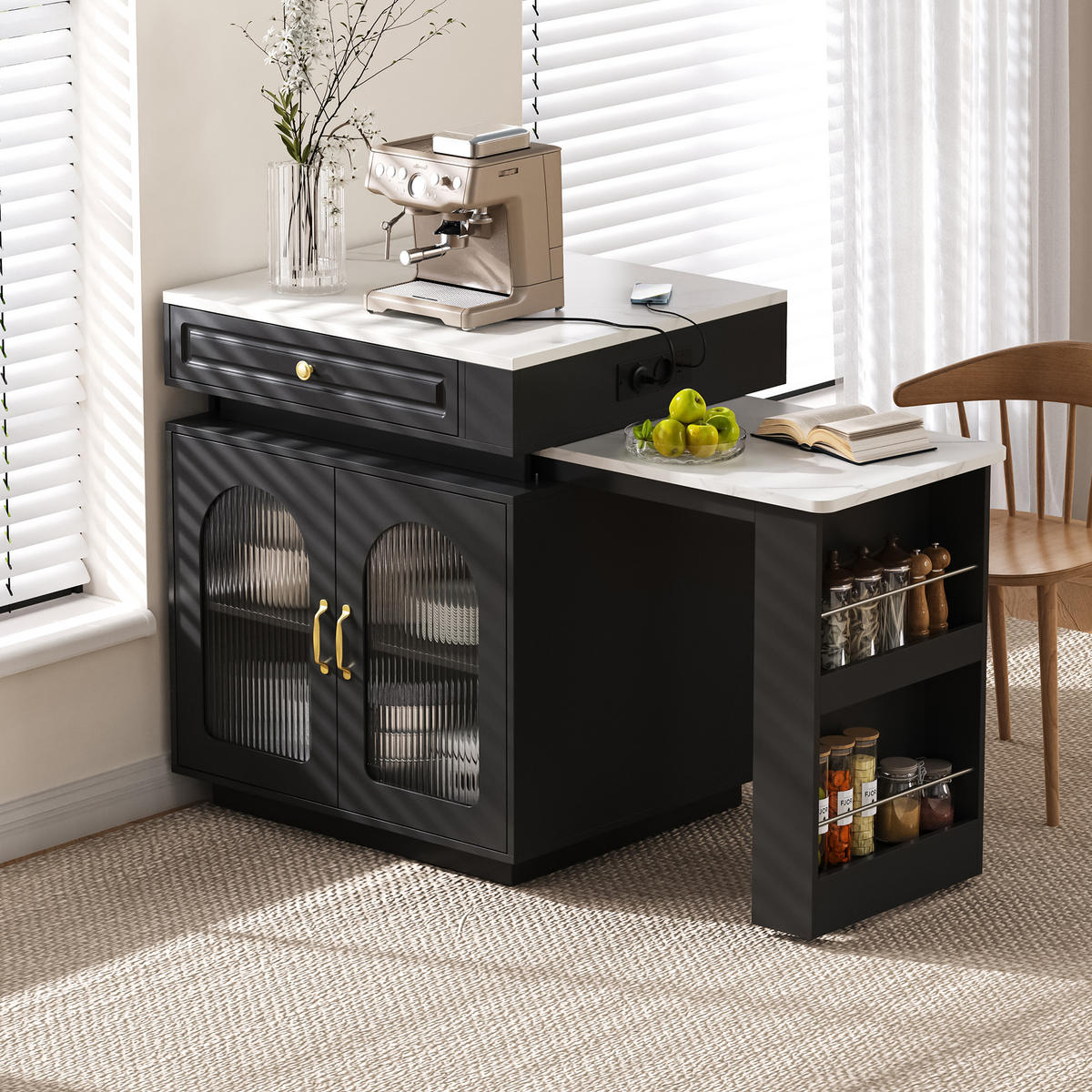 BARTISCH 128–200×71×92 cm aus MDF+Glas mit Riffelglas, LED & USB-Ladestation, schwarz - Schwarz, Holzwerkstoff (200/71/92cm) - Luhomfu