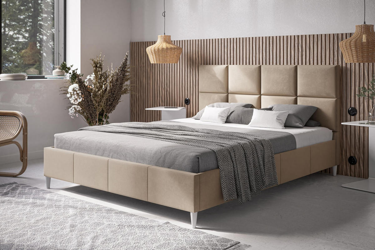 POLSTERBETT LUX Roma mit Kopfteil, 160 x 200 cm, Doppelbett mit Lattenrost aus Holz, Velourstoff Braun, Füße in Farbe: Weiß - Braun, Holz/Textil (160/200cm) - Alpi-Möbel