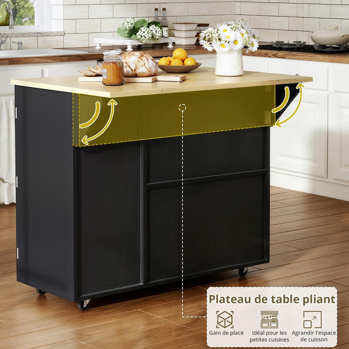 KÜCHENINSEL MOBILE Klappbar mit Weinregal, MDF, 104/69/89 cm - Naturfarben, Kunststoff (69/89/104cm) - Rolipo