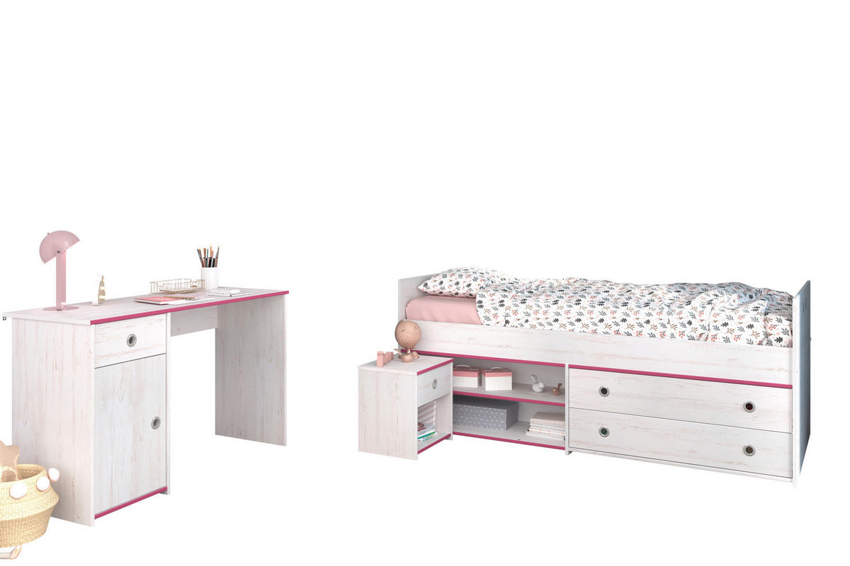 JUGENDZIMMER Smoozy 27 in Kiefer Weiß mit rosa ODER blauen Absetzungen 3 teilig - Weiß, Holzwerkstoff (120/200/80cm)