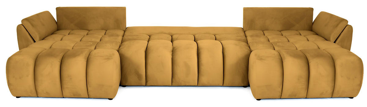 ECKSOFA Iris U mit Schlaffunktion und Bettkasten, U-Form – Senfgelb Samt 382/184/85 cm - Dunkelgelb/Schwarz, Kunststoff/Textil (382/184cm) - WFL GROUP