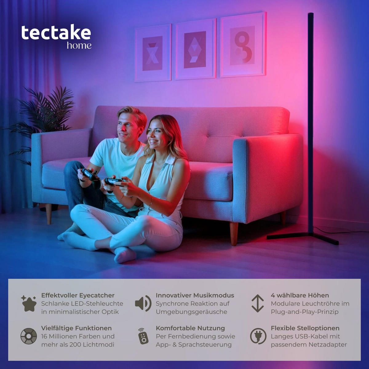 LED-STEHLAMPE Spectra,Innovativer Musik-Aktivierungsmodus,schwarz/weiß - Schwarz/Weiß, Metall (29.5/29.5/145cm) - tectake