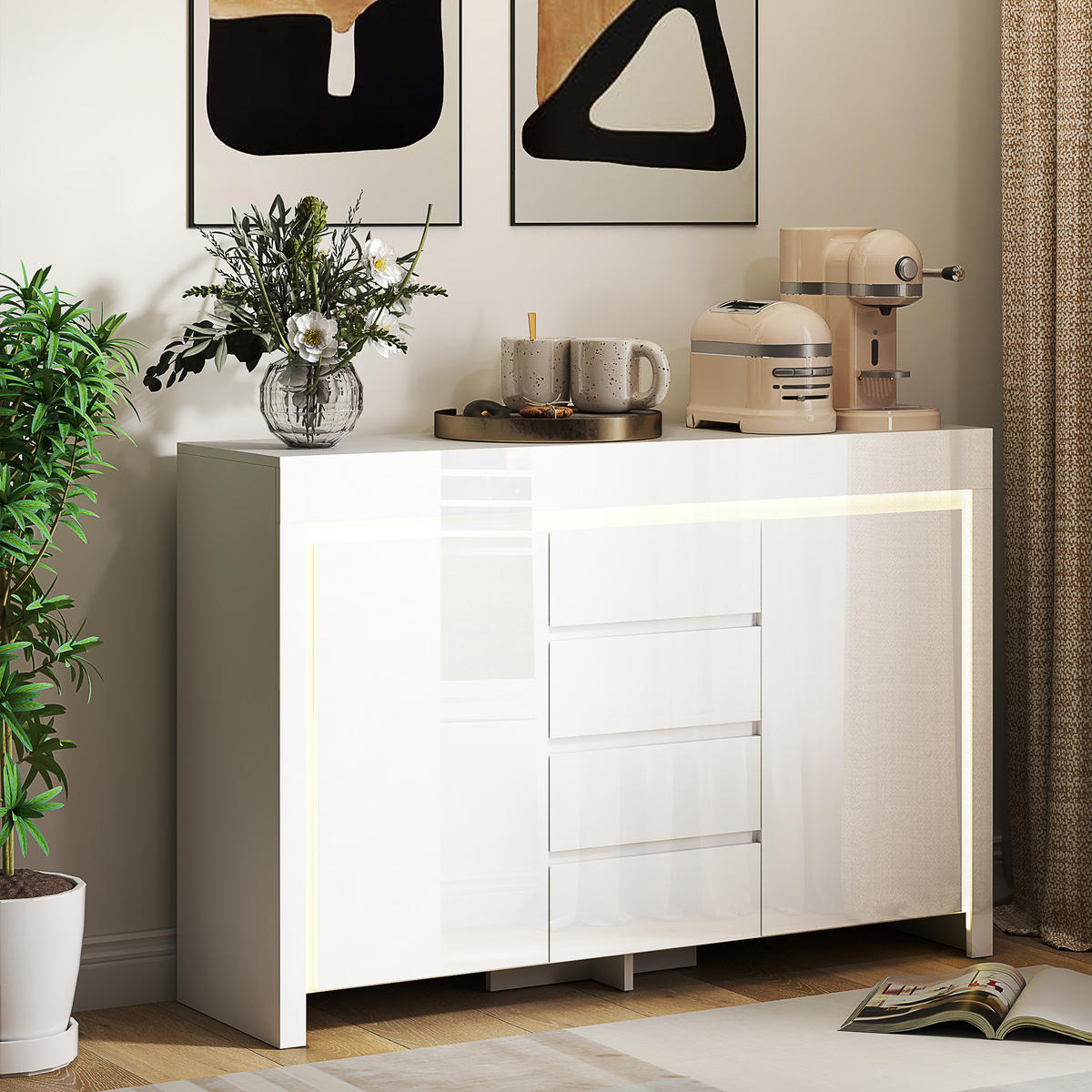 SIDEBOARD Weiß Hochglanz, LED-Beleuchtung, 4 Schubladen, 120/34/80 cm - Weiß Hochglanz, Holz (120/80/34cm) - PANGIVO