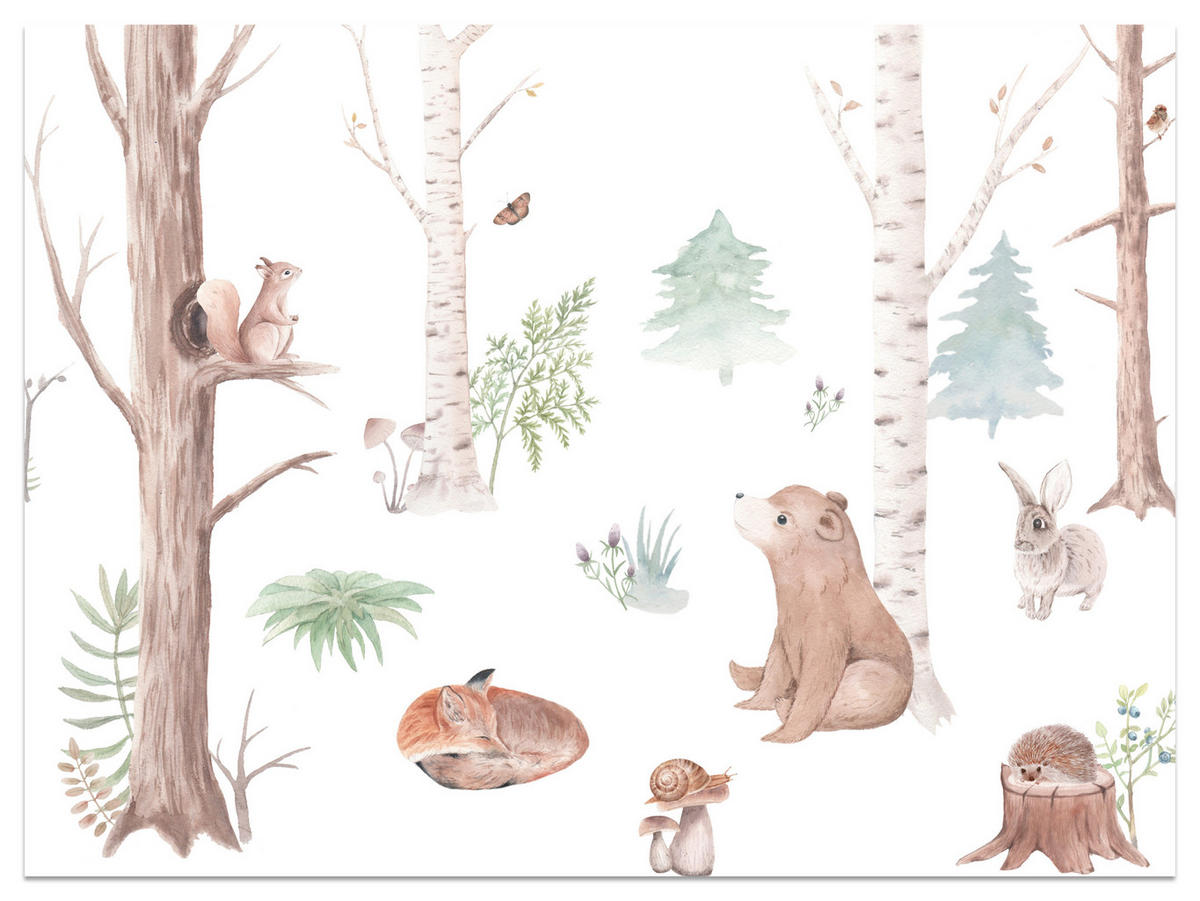 FOTOTAPETE für Kinderzimmer Wilde Waldtiere Aquarell Bäume 500x350 - Orange/Braun, Papier (500/350cm) - Muralo