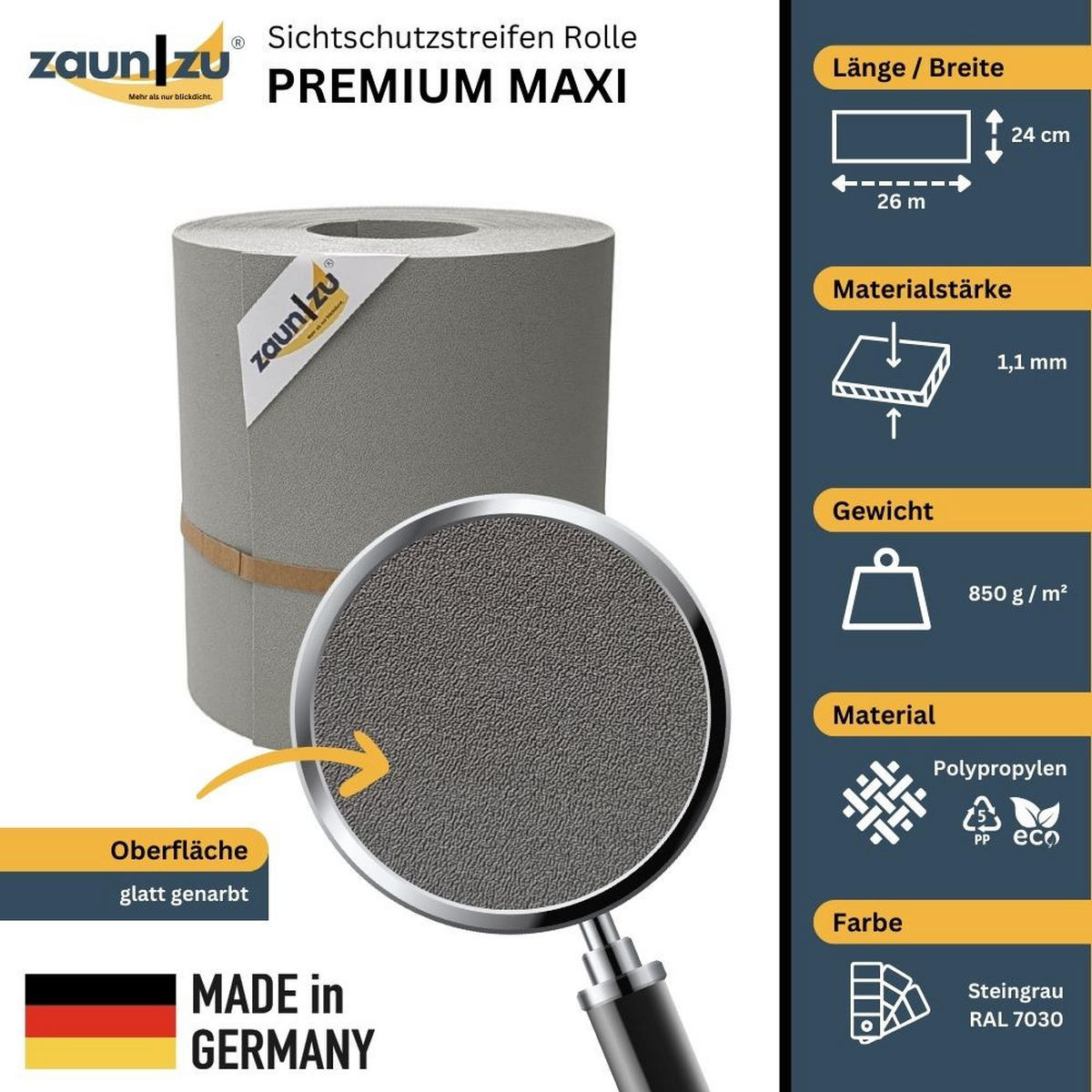 SICHTSCHUTZSTREIFEN Premium Maxi für Doppelstabmatten 24cm hoch Steingrau 26m - Graubraun, Kunststoff (2600/24cm) - ZAUN|ZU
