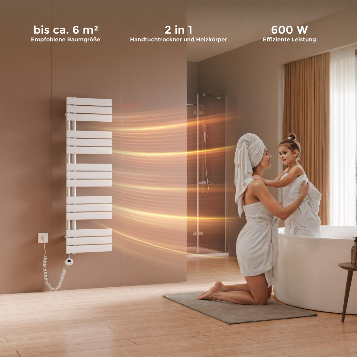 HANDTUCHHEIZKÖRPER 132/40 cm weiß elektrisch 600 W mit WLAN-Thermostat - Weiß, Metall (40/132/5.9cm) - S'AFIELINA
