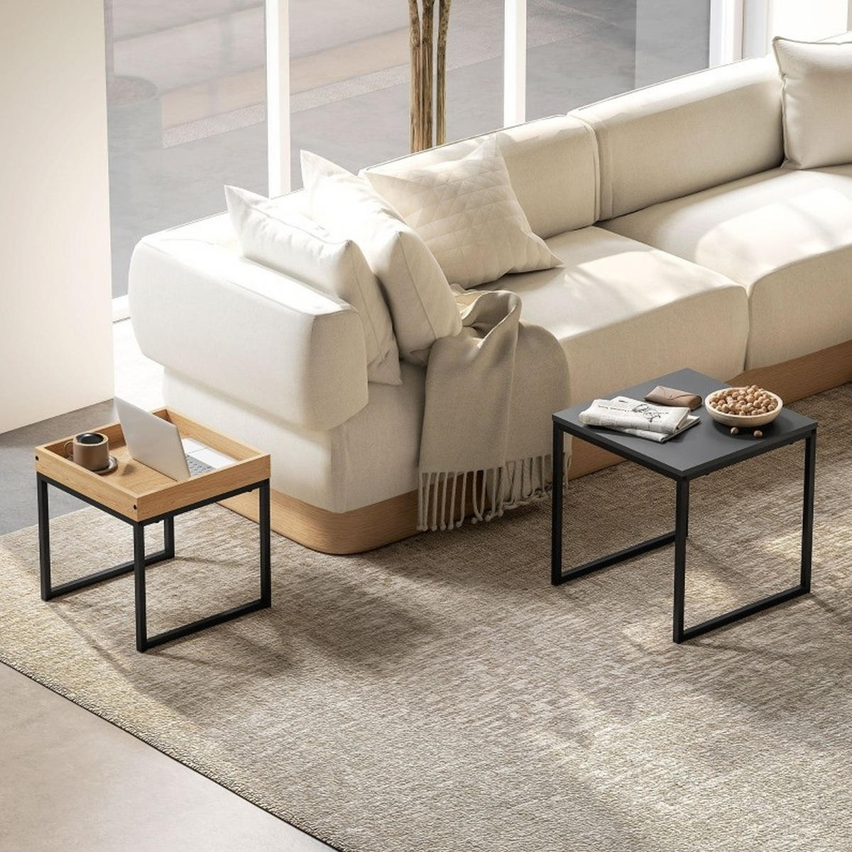 COUCHTISCH-SET 45/45/45 und 40/40/40 cm, ineinanderstellbar mit abnehmbarem Tablett und Stahlgestell, Schwarz - Schwarz, Metall (45/45/45cm) - Modfu