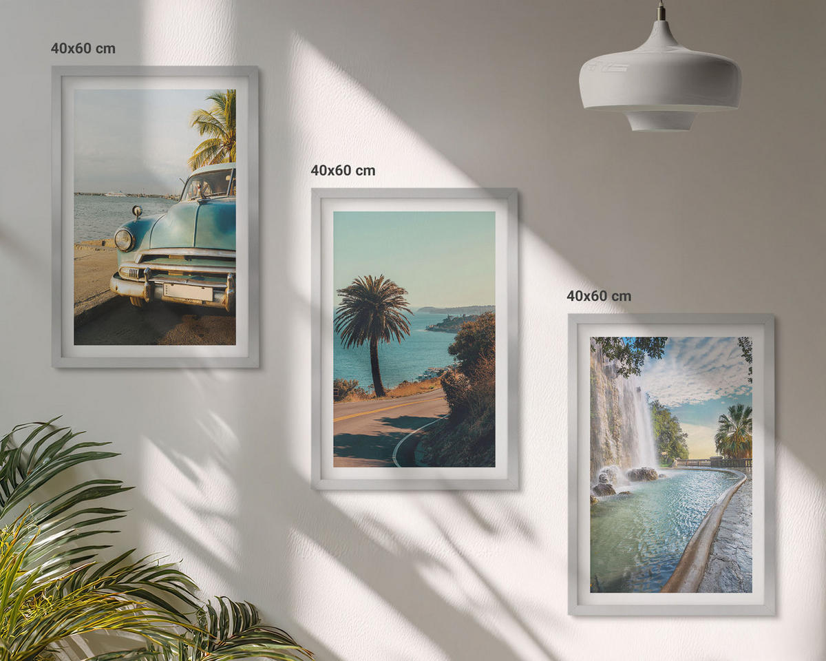 WANDBILDER 3er Set - 40x60 cm Silberner Rahmen - Urlaub Palmen Wasserfall - Silberfarben, Kunststoff (40/60cm) - ArtPrintCave