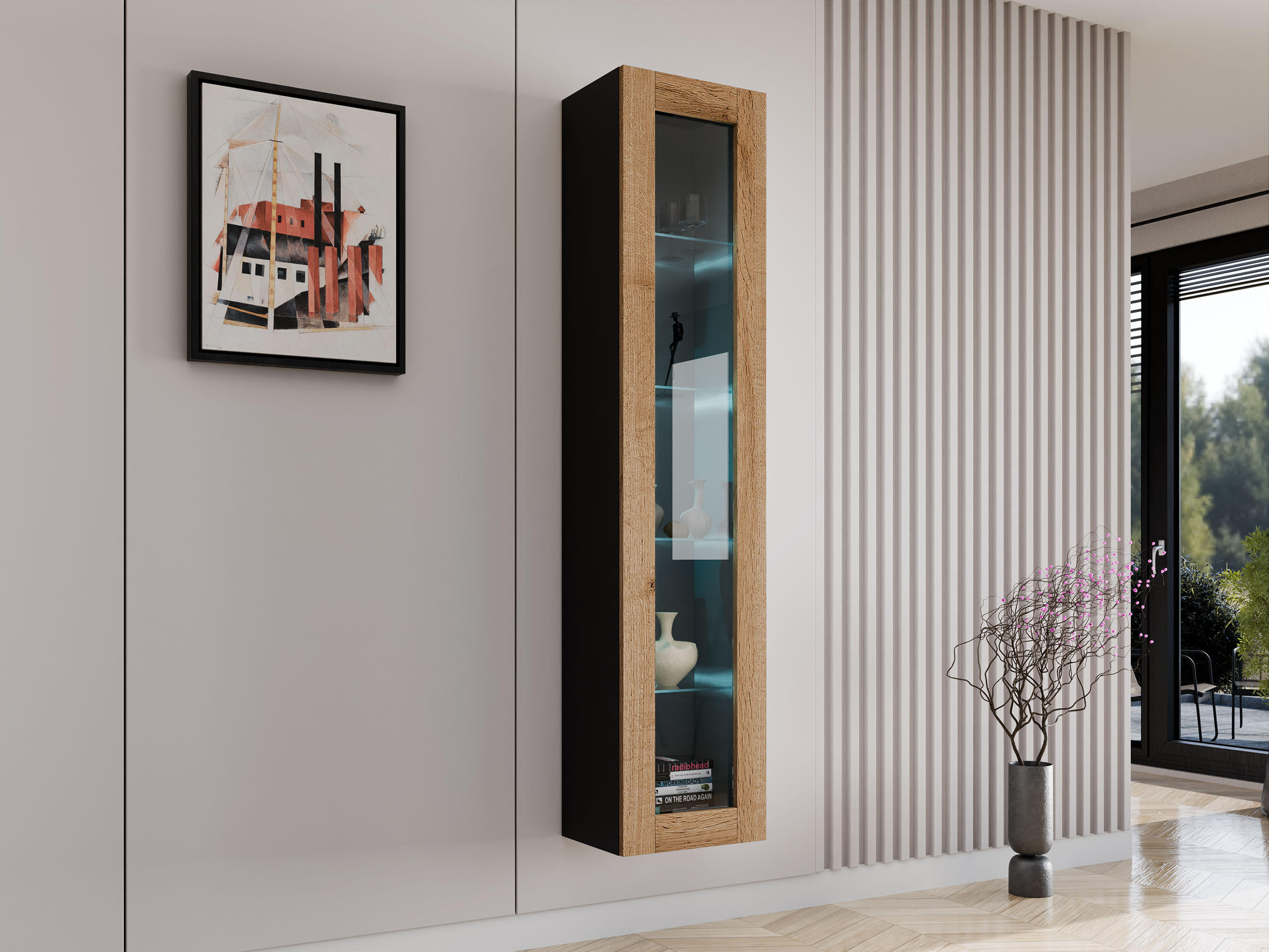 HÄNGEVITRINE 180 Vigo Glas mit blauer LED Beleuchtung - Eiche Wotan/Schwarz, Holzwerkstoff (40/180/30cm) - MIRJAN24