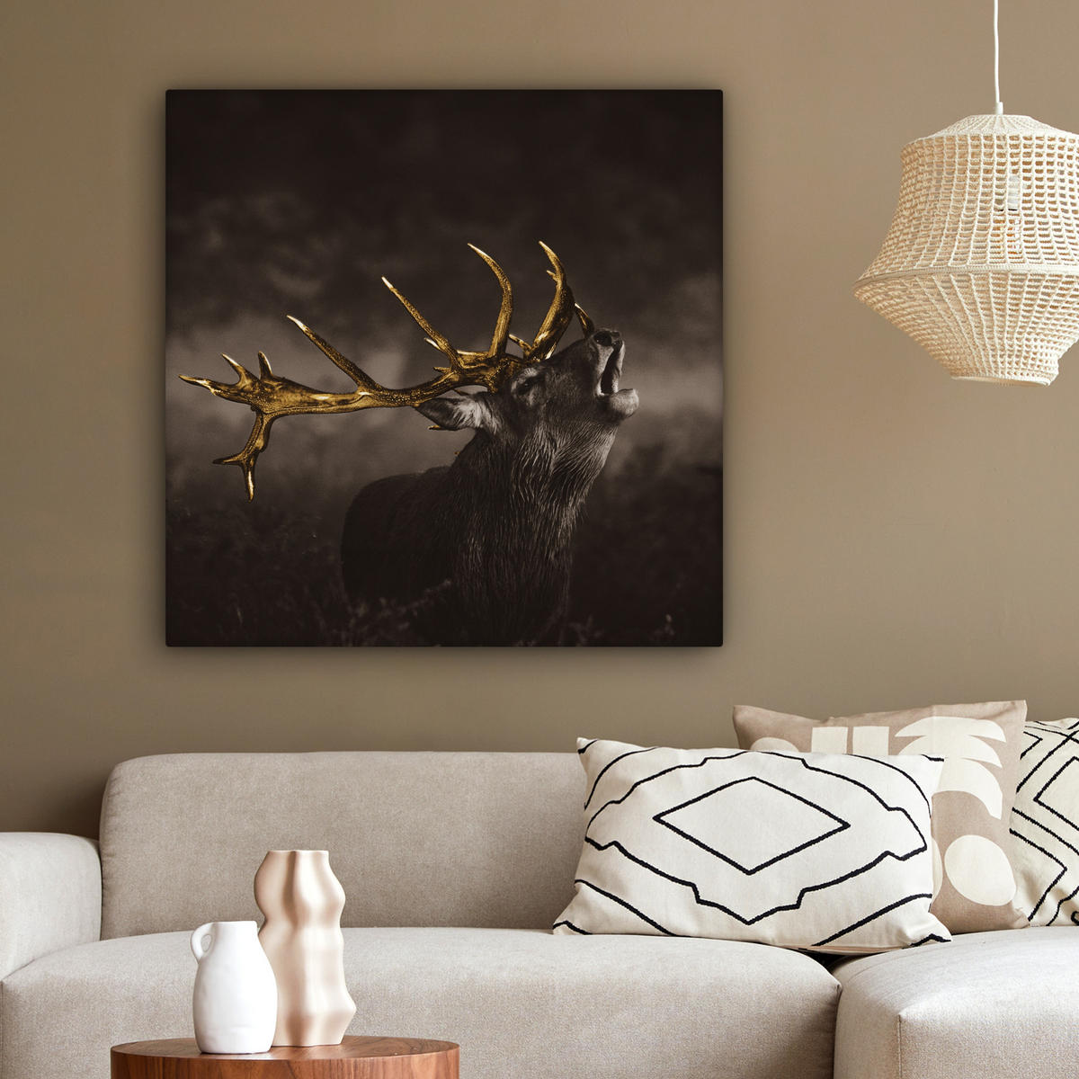 LEINWANDBILD Rotwild - Schwarz - Gold 90x90 cm - Braun, Textil (90/90cm) - MuchoWow