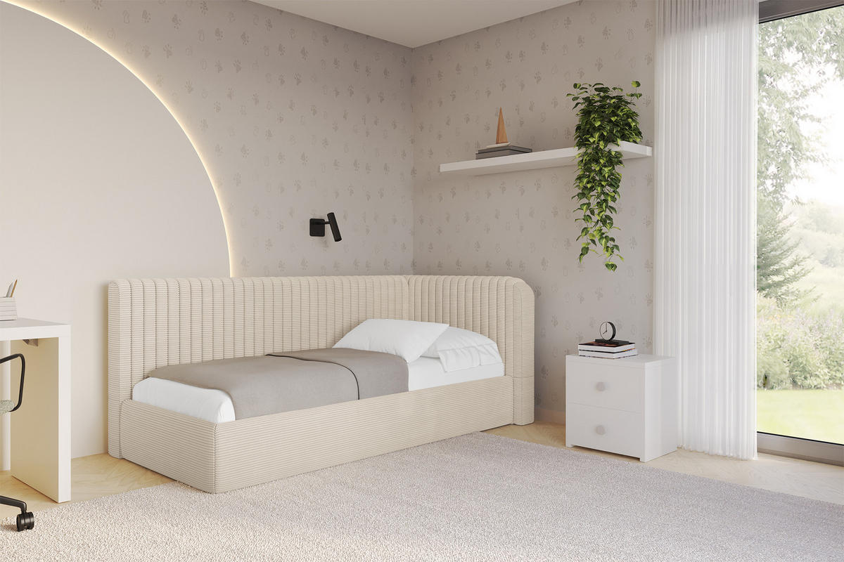 EINZELLBETT Jugendbett mit Bettkasten und Matratze H3/H4, Links - AURY 100x200 Beige - Creme, Holzwerkstoff/Textil (100/200cm) - ALTDECOR