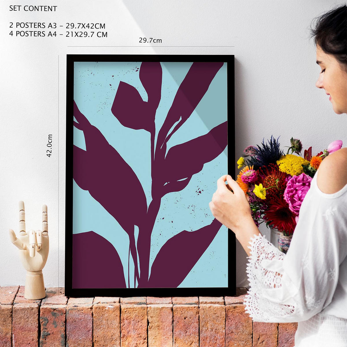 POSTER Set Mit 6 Streifenblätter In Blume Zusammenfassung Ästhetische Dekorative Gemälde Für Ihr Wohnzimmer Zuhause A3 & A4 Rahmen Aus Hellem Holz - Beige, Papier (29/3cm) - Nacnic