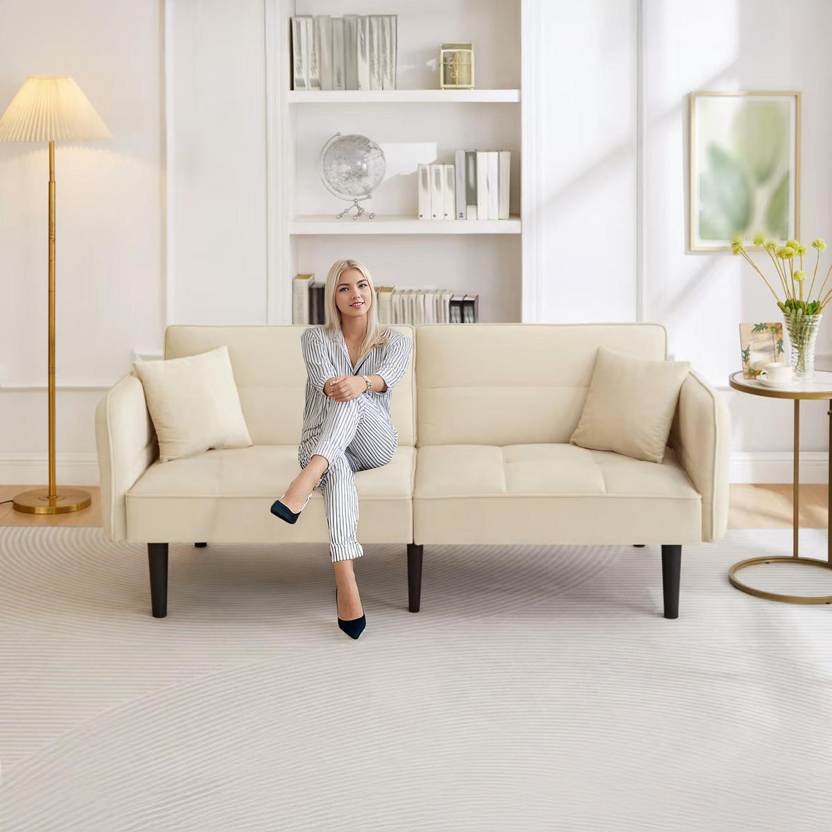 SCHLAFSOFA 2-in-1 mit Samtbezug und Armlehnen - Beige, Kunststoff (176/76/78cm)