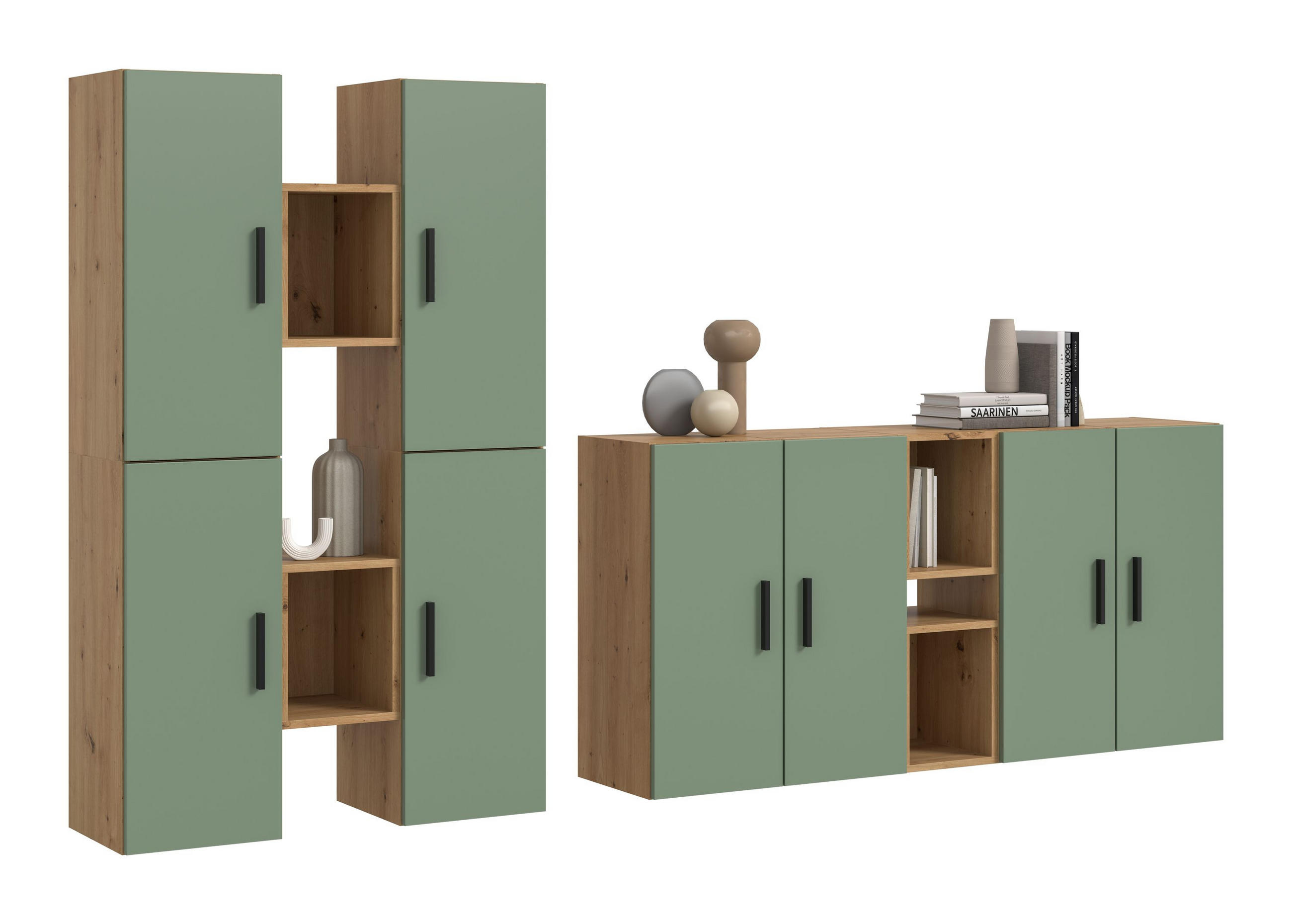 WOHNWAND Primo 4 tlg. (B/H/T: ca. 270/182/34 cm) in Artisan Oak /Smoke Green - Eiche Artisan, Holzwerkstoff (270/182/34cm)