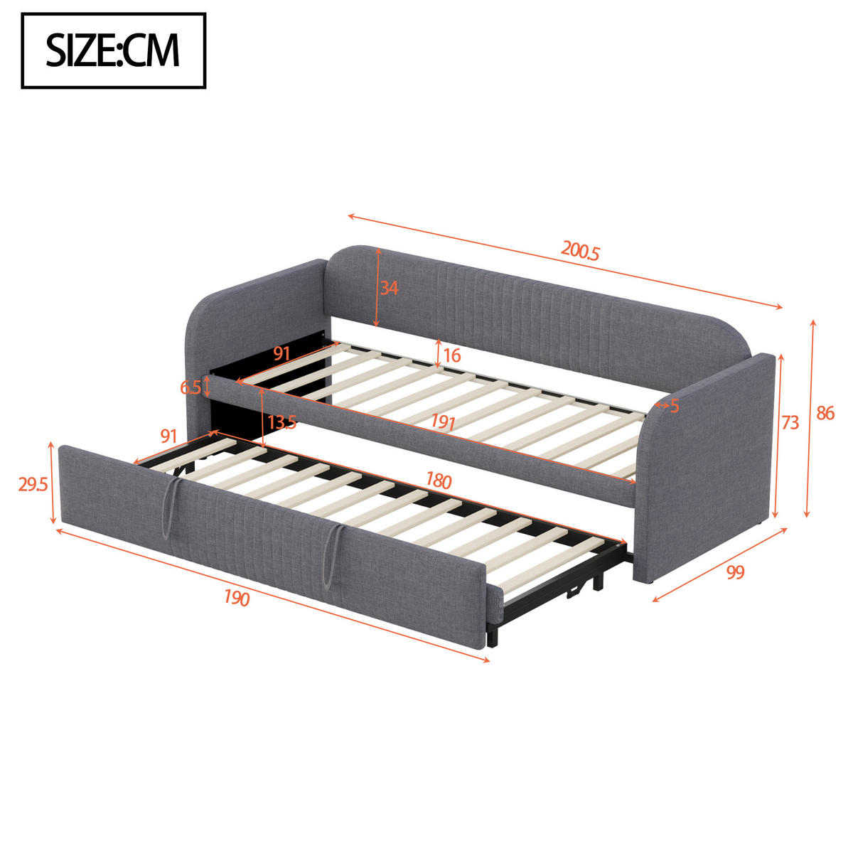 SCHLAFSOFA Ausziehbar mit Lattenrost Grau 90/180/190 cm - Grau, Leder (200.5/86/99cm) - OKWISH