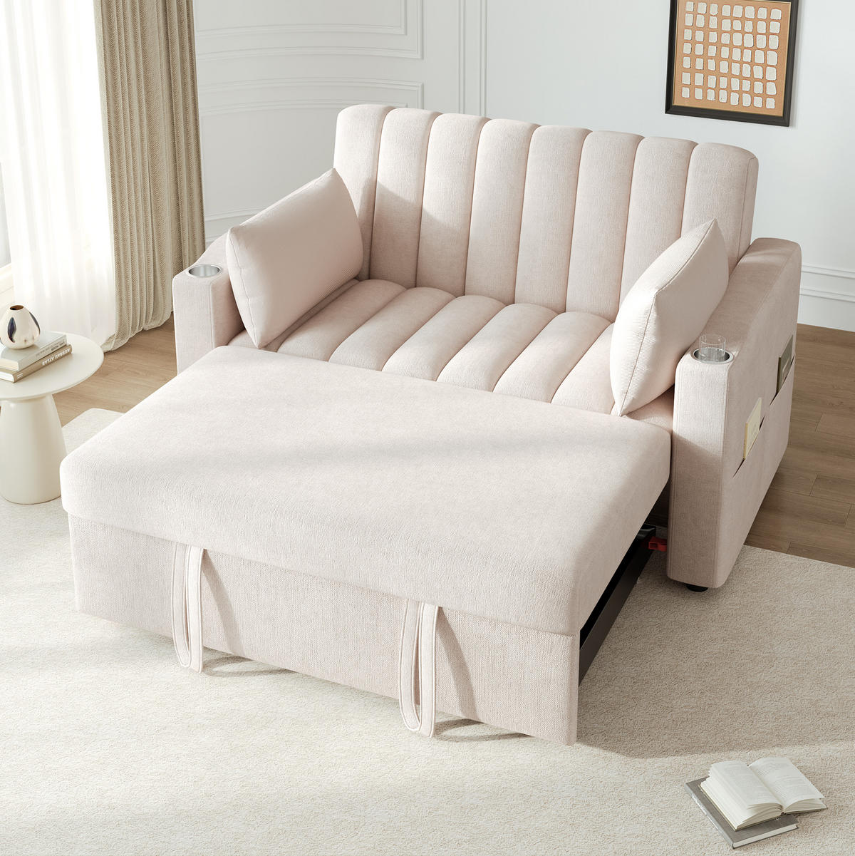 SCHLAFSOFA aus Baumwollstoff 136x162x84 cm Beige mit verstellbarer Rückenlehne, Getränkehaltern und Seitentaschen - Beige, Textil (162/84/136cm) - Modfu