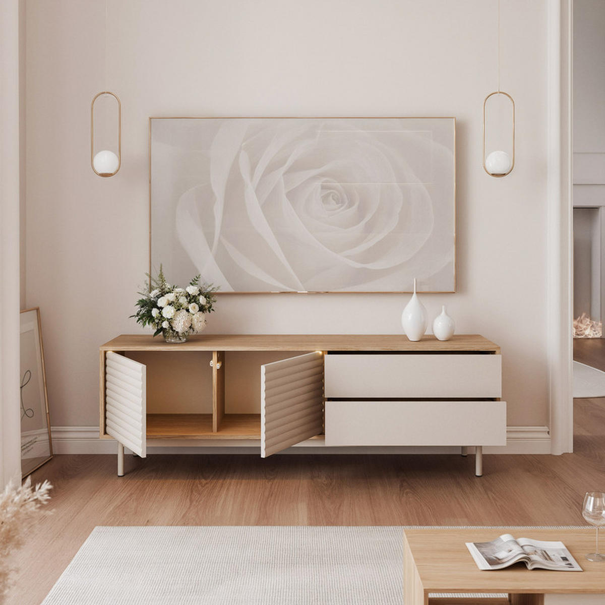 TV-LOWBOARD LUSSO mit LED-Beleuchtung, 160 cm Eiche - Eichefarben, Holzwerkstoff/Metall (160/53/40cm) - Idohome