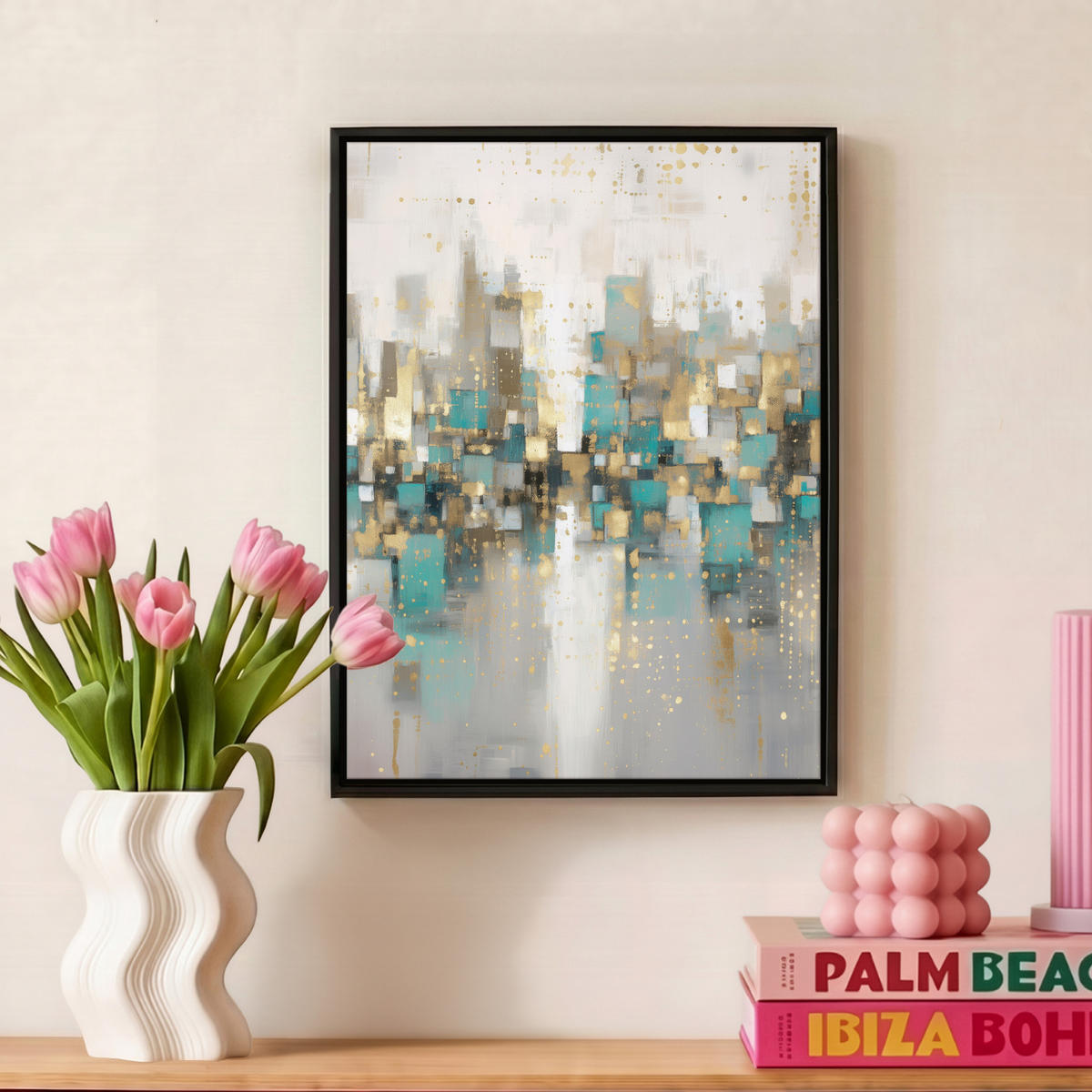 LEINWAND Bilder mit Rahmen - Abstrakt - Blöcke - Gold - Skyline - 30x40 - Beige, Textil (30/40cm) - MuchoWow