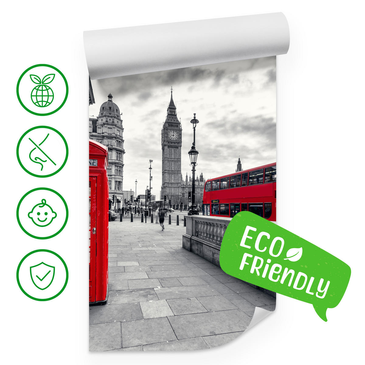 FOTOTAPETE für Wohnzimmer Rote Telefonzelle London Monument BIG BEN Bus 250x175 - Rot/Weiß, Papier (250/175cm) - Muralo