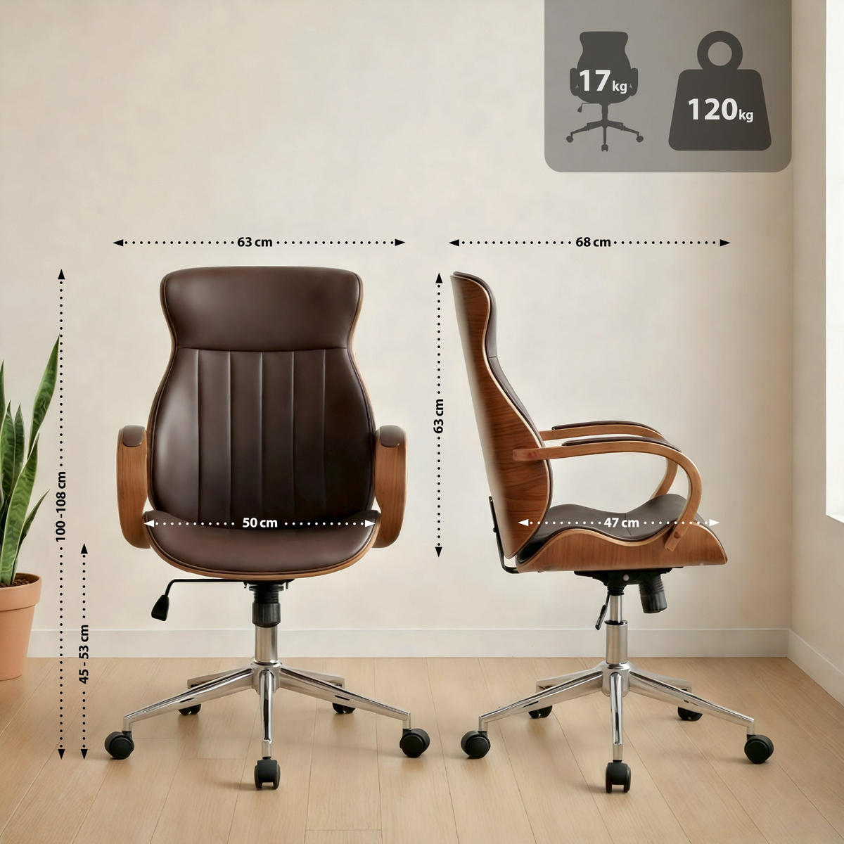 DREHSTUHL Lederlook Walnuss/Braun - Chromfarben/Walnussfarben, Textil/Metall (63/100/68cm) - CLP