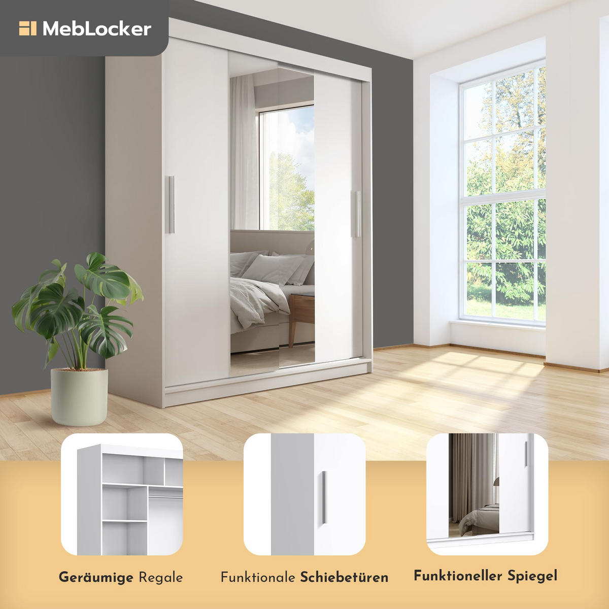 SCHIEBETÜRENSCHRANK mit Spiegel Weiß - Weiß, Holzwerkstoff (215.5/180/59cm) - MebLocker