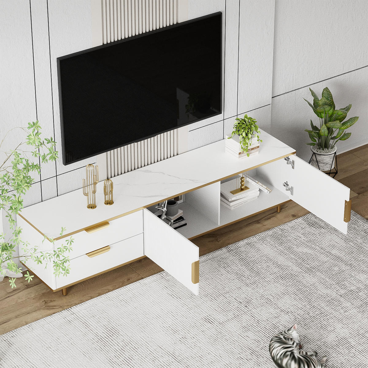 TV-SCHRANK in Weiß und Gold mit 2 Schubladen und 2 Türen 175/40/45 cm - Weiß, Holzwerkstoff (175/45/40cm) - Redom