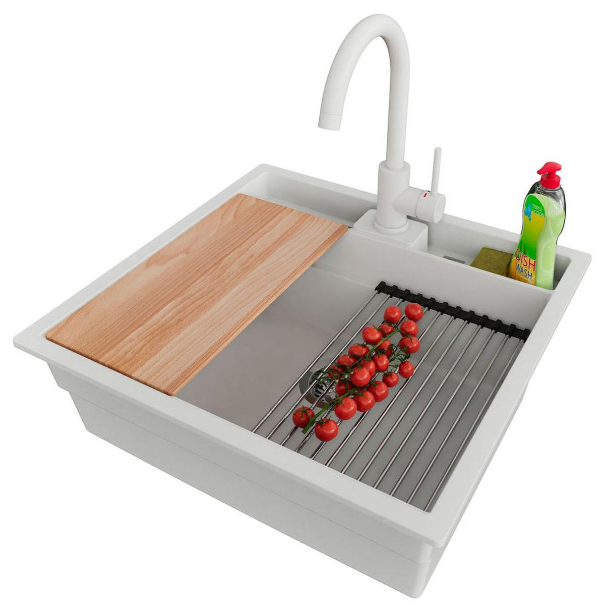 UNTERBAUSPÜLE GRANIT Bergen Pocket, 2-er set Weiß 56/54 cm 1 Becken + Küchenarmatur 32/20 cm + Ablauf-Set + Küchenzubehörset ab 60er Unterschrank - Chromfarben/Beige, Kunststoff (56/20/54cm) - Primagran