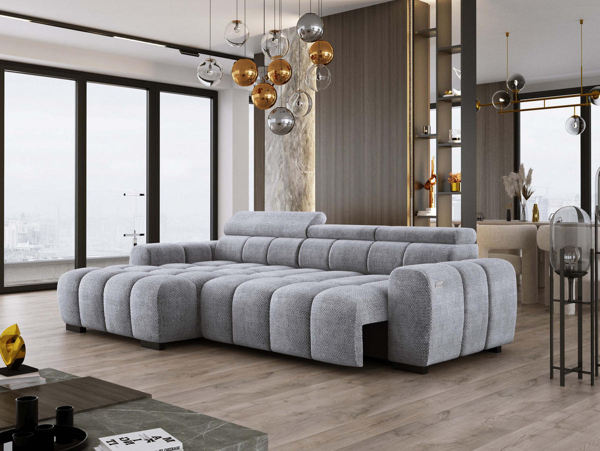 ECKSOFA OMBO 285x168x77/97 cm, Links, Schlaffunktion, elektr. Sitz, Kopfstützen, hydrophober EDEN-Stoff – Silber - Silberfarben, Holz/Textil (168/285cm) - DomoHome