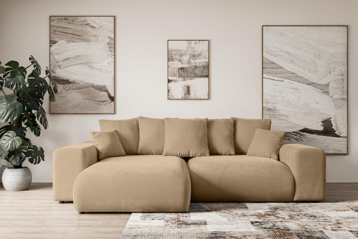 ECKSOFA mit Schlaffunktion und Bettkasten ESKAR-L 256x165x84cm Beige Velours - Beige/Schwarz, Holzwerkstoff/Kunststoff (165/256cm) - ALTDECOR