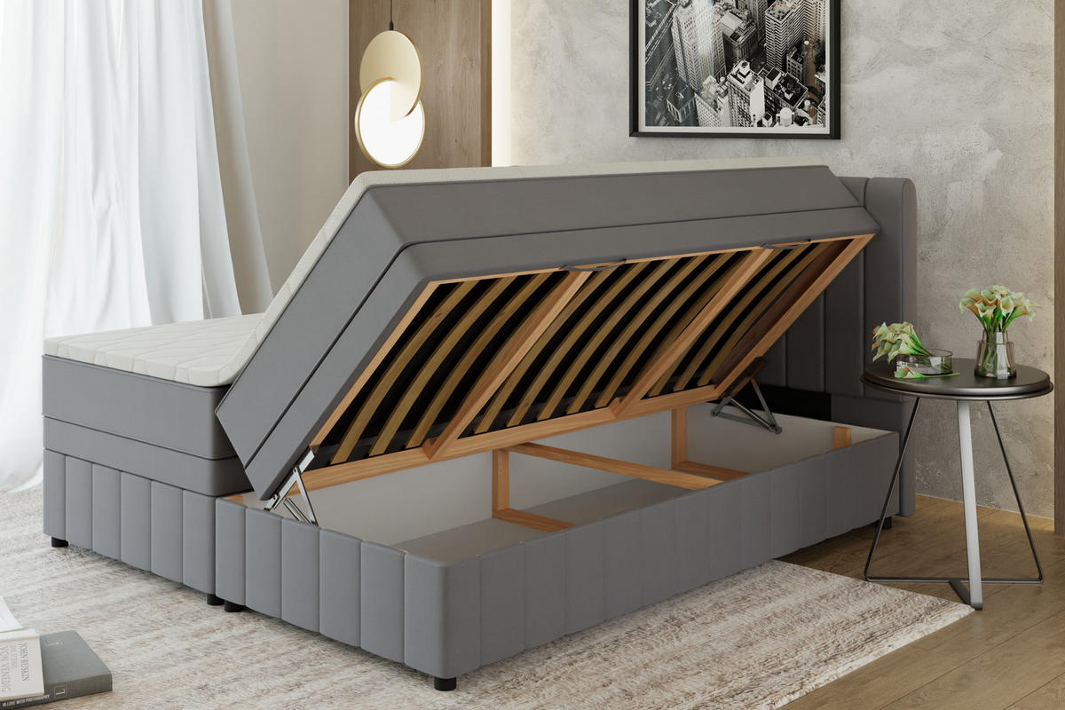 BOXBETT AVALON 180 x 200 cm mit Bettkasten und Topper - Dunkelgrau - Dunkelgrau, Holz - Panda Möbel