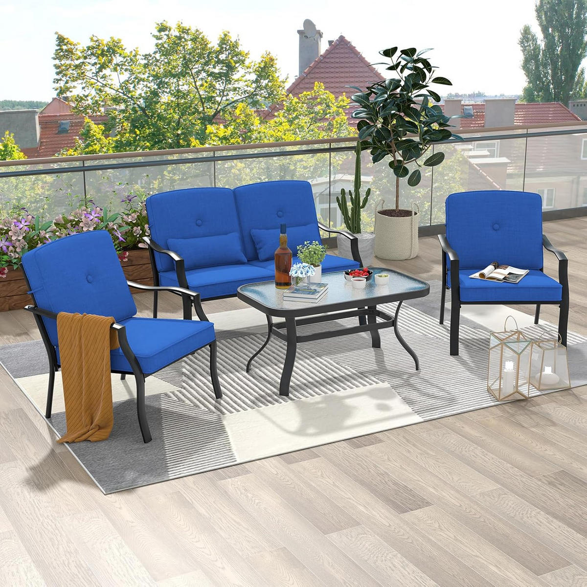 GARTENMÖBEL SET Blau(4-teilig) - Blau, Metall - COSTWAY