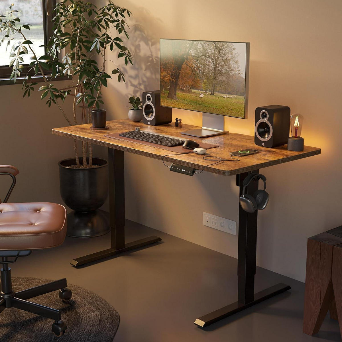 SCHREIBTISCH höhenverstellbar elektrisch 100 x 60 cm Braun mit USB-Anschlüssen - Braun, Holzwerkstoff (60/100/72cm)