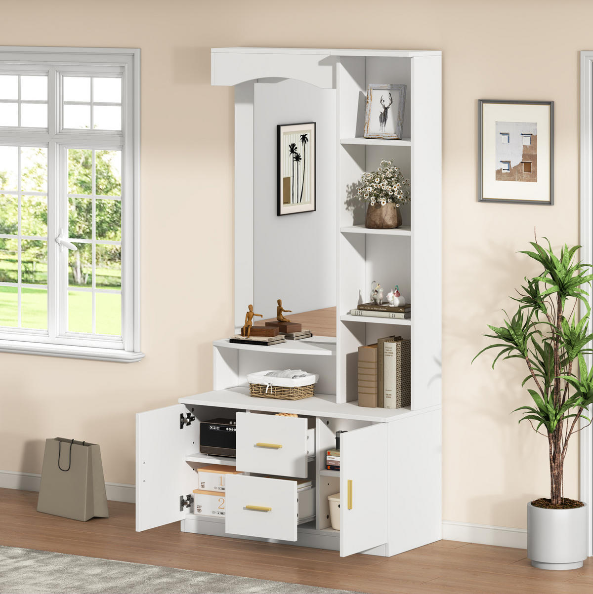 SCHUHSCHRANK aus MDF 90x40x180cm in Weiß mit Spiegel & Soft-Close - Weiß, Holzwerkstoff (90/180/40cm) - Modfu