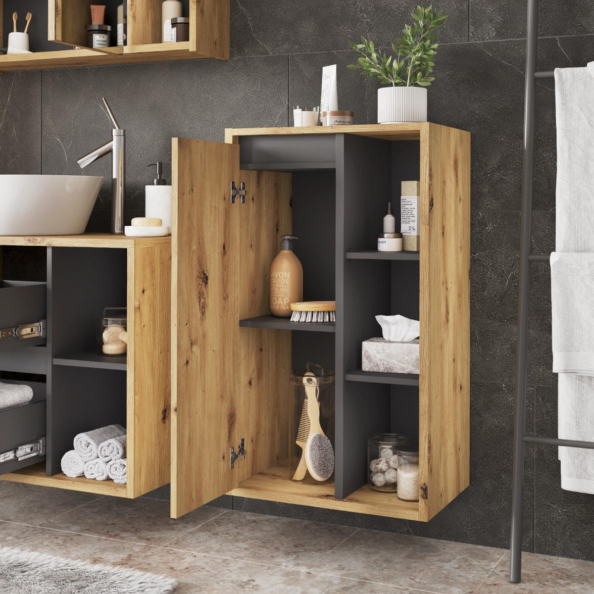 MIDISCHRANK Viola Artisan/Grau 50 x 86 cm mit offenen Regalen - Hellgrau/Grau, Holzwerkstoff (50/86/33cm) - Vicco
