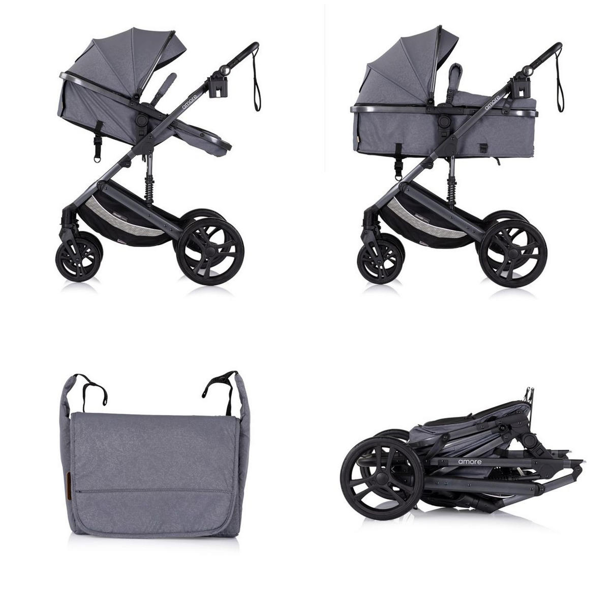 KOMBIKINDERWAGEN 2 in 1 Amore grau gemustert Getränkehalter Wickeltasche Fußabdeckung Korb - Grau, Metall (95/63/105cm) - Chipolino