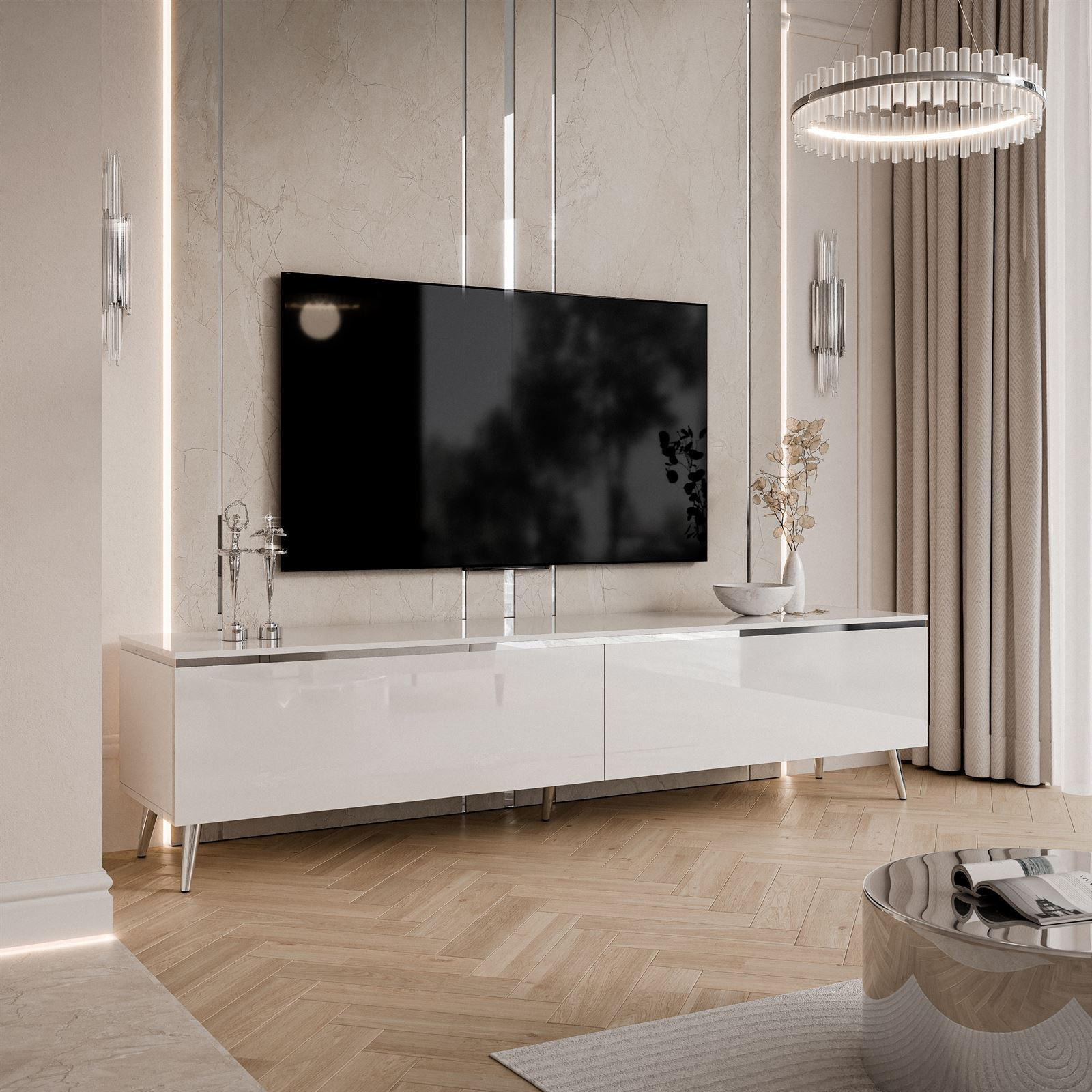 TV-SCHRANK AURORA SILVER 180 cm mit LED-Beleuchtung – schräge Chrombeine - Chromfarben/Weiß Hochglanz, Holzwerkstoff/Metall (180/45/40cm) - Lookway