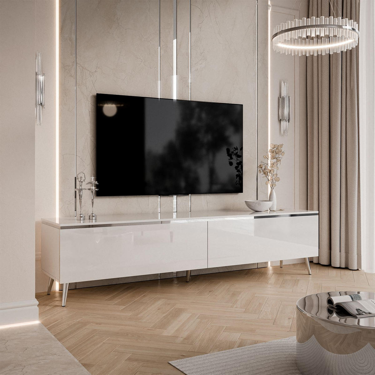 TV-SCHRANK AURORA SILVER 180 cm – schräge Chrombeine - Chromfarben/Weiß Hochglanz, Holzwerkstoff/Metall (180/45/40cm) - Lookway