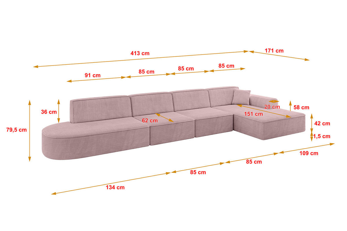 ECKSOFA Ottomane Rechts IREA-L3-v3 - 413x171x79 cm Rosa - Rosa, Holzwerkstoff/Textil (171/413cm) - ALTDECOR