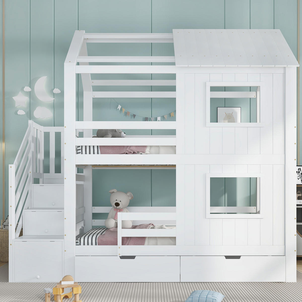 ETAGENBETT mit Treppenschrank und Schublade 90x200 cm Kiefer/MDF Weiß - Weiß, Holzwerkstoff (90/200cm) - Beauniv