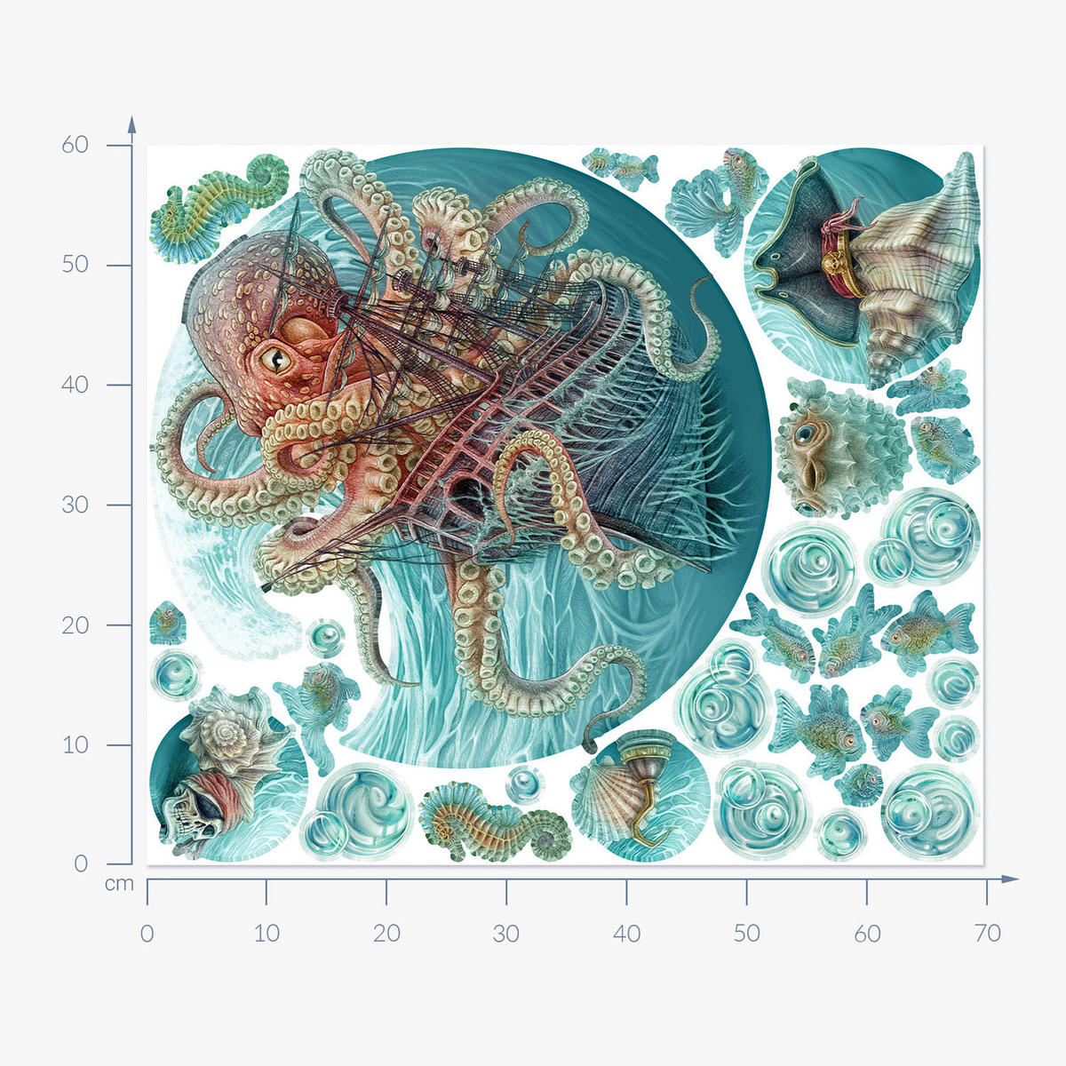 WANDAUFKLEBER 60x70cm - Die Welt des Oktopus - Multicolor, Kunststoff (60/70/0.1cm) - Wallfluent