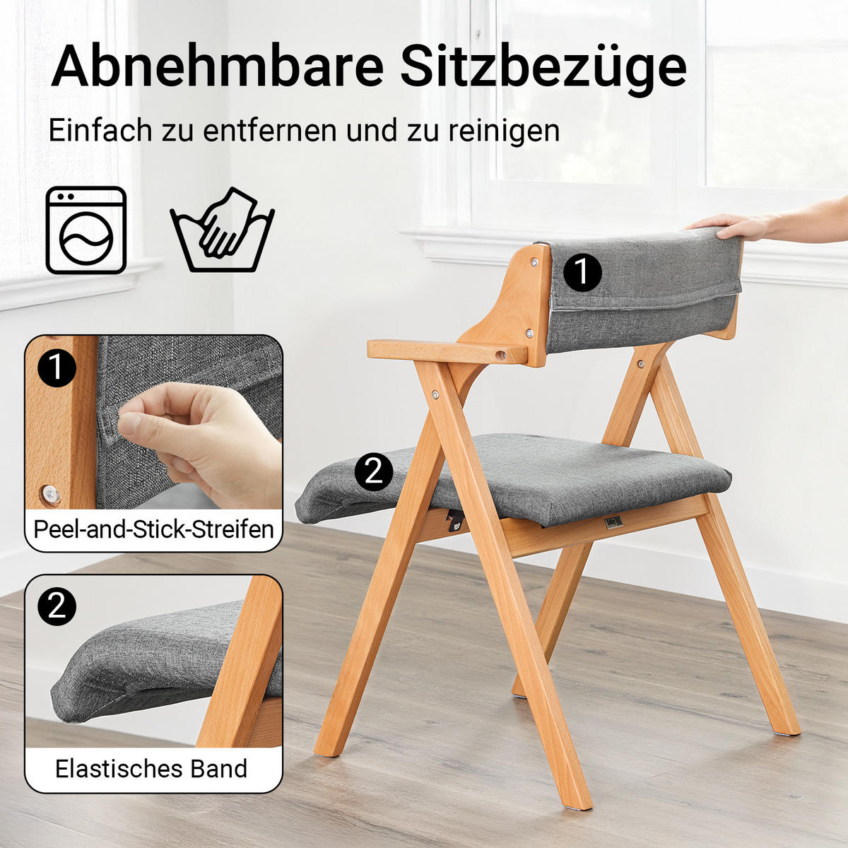 KLAPPSTUHL aus massivem Buchenholz mit Polsterung, Grau - Grau, Holz (61.5/77.6/56cm) - SoBuy